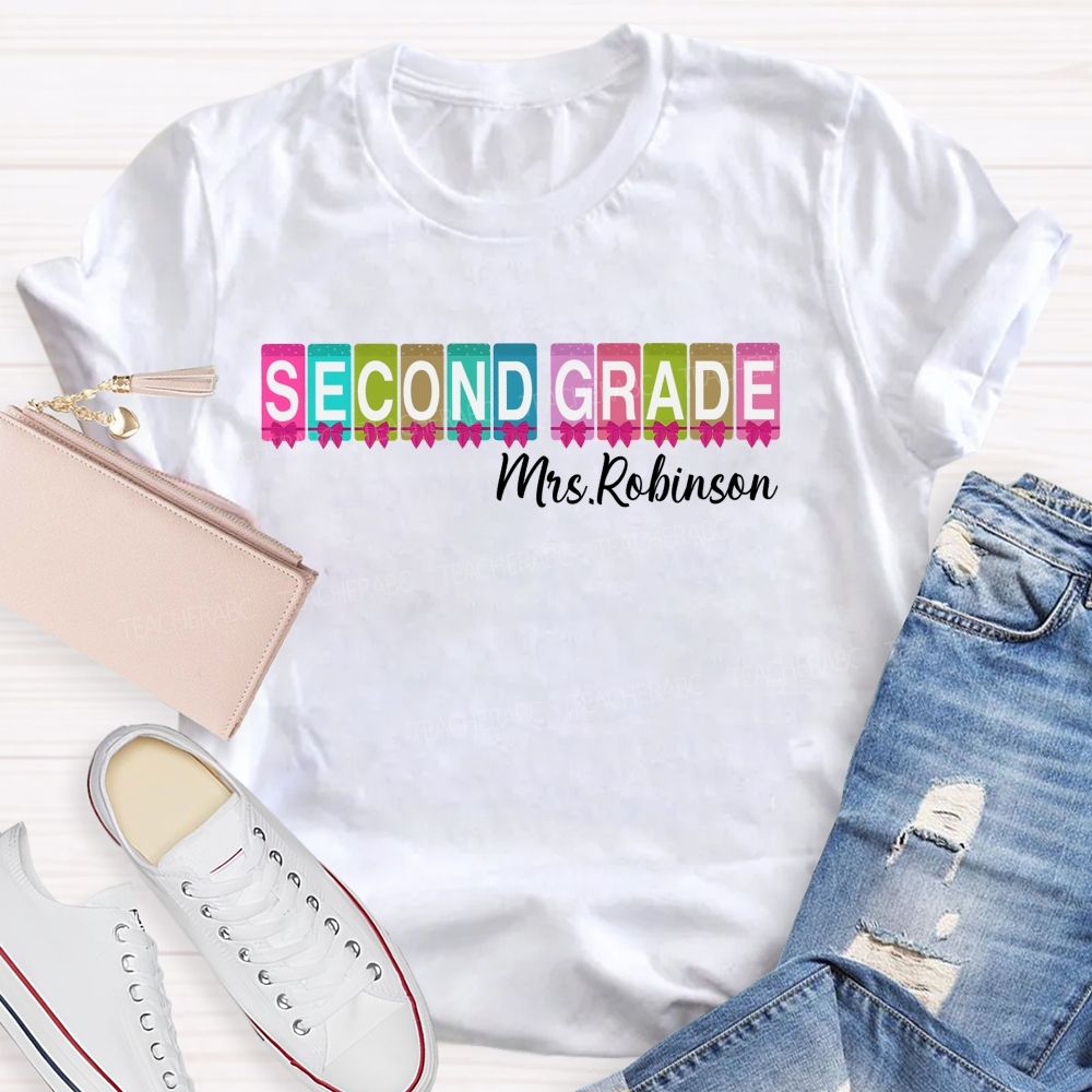 Personalized Name And Grade Second Grade Colorful Squares Bow Teacher T-shirt