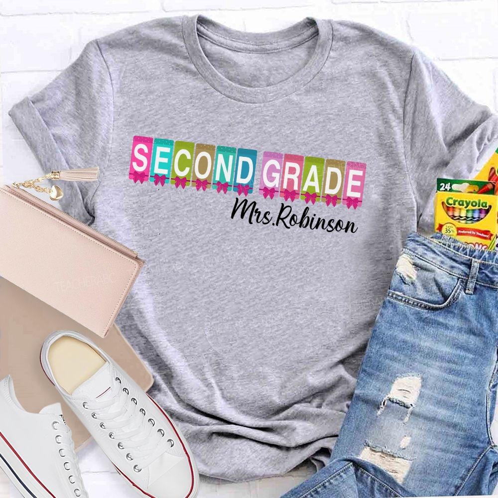 Personalized Name And Grade Second Grade Colorful Squares Bow Teacher T-shirt