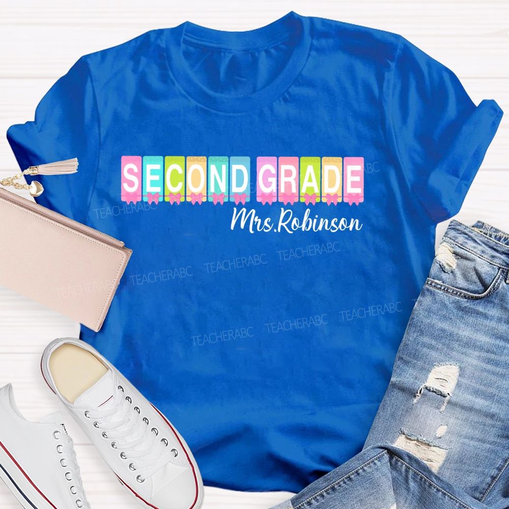 Personalized Name And Grade Second Grade Colorful Squares Bow Teacher T-shirt