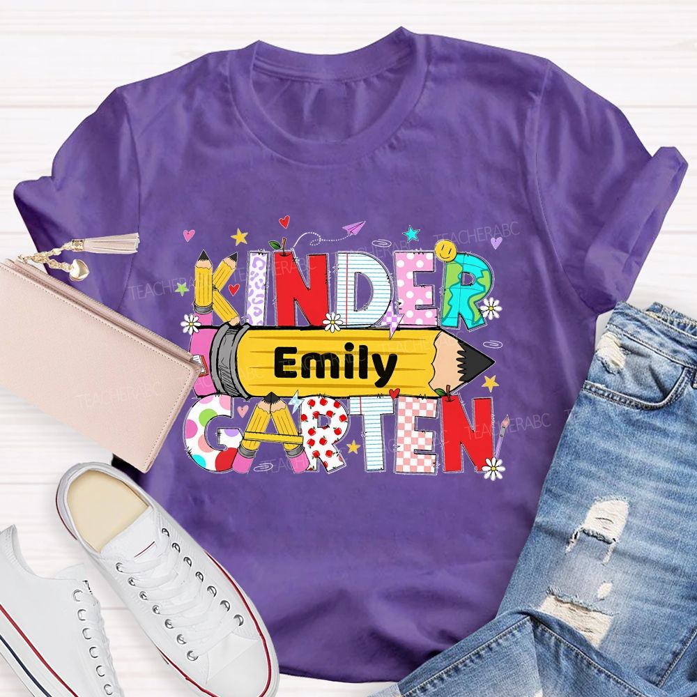 Personalized Name And Grade Pencil Letter Graphics Teacher T-shirt