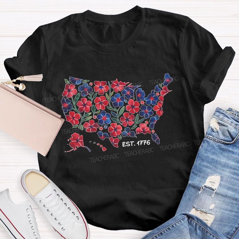 Floral USA Map Est 1776 Teacher T-shirt