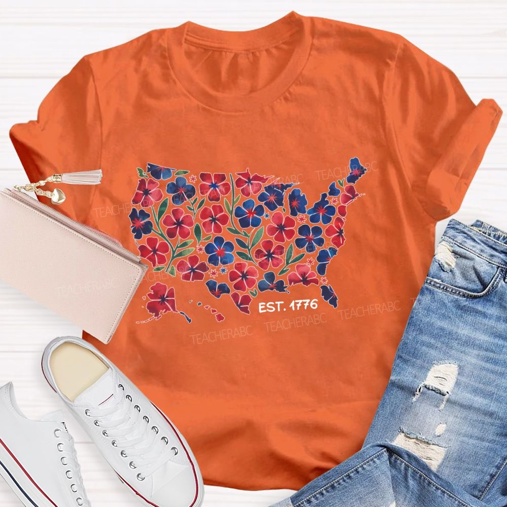 Floral USA Map Est 1776 Teacher T-shirt