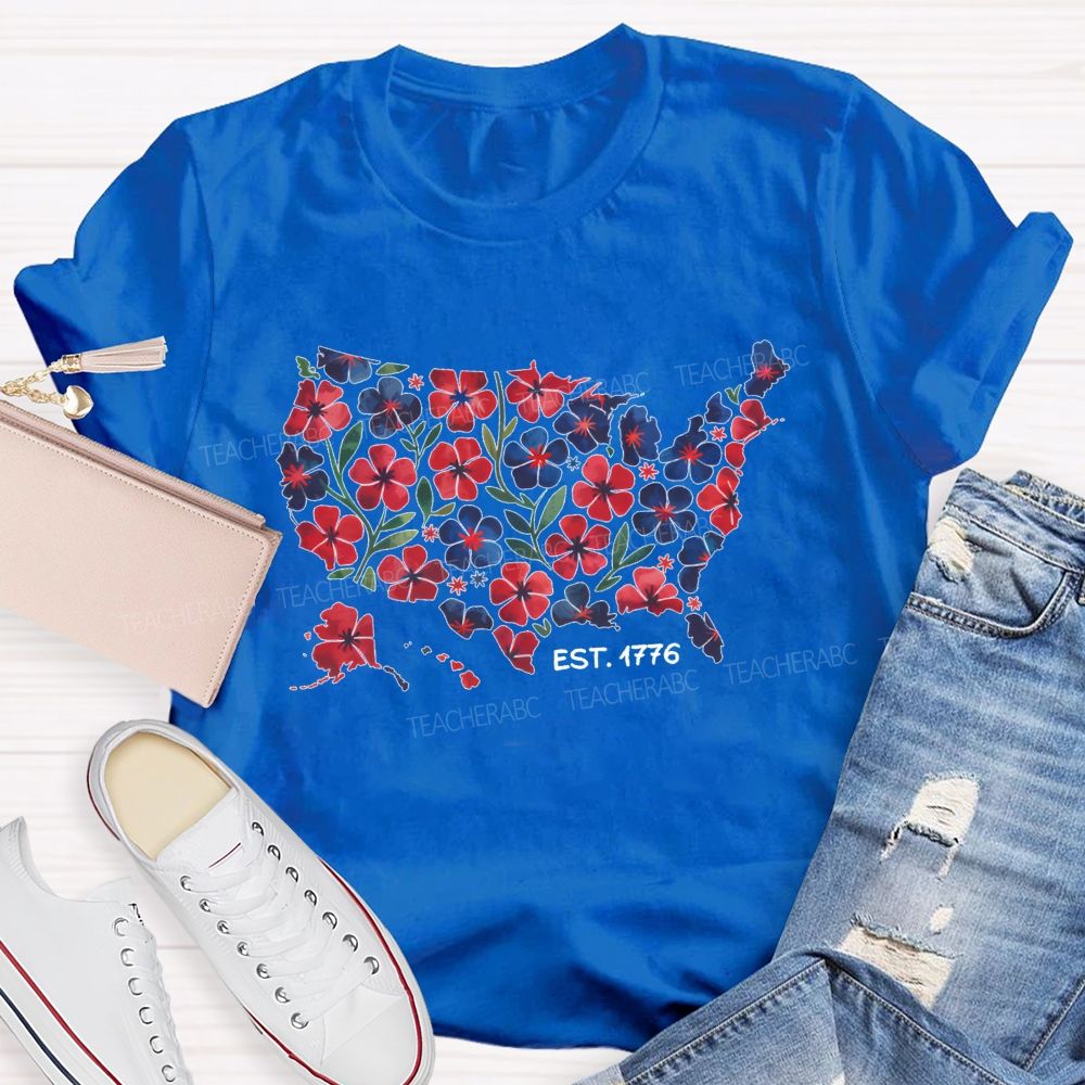 Floral USA Map Est 1776 Teacher T-shirt