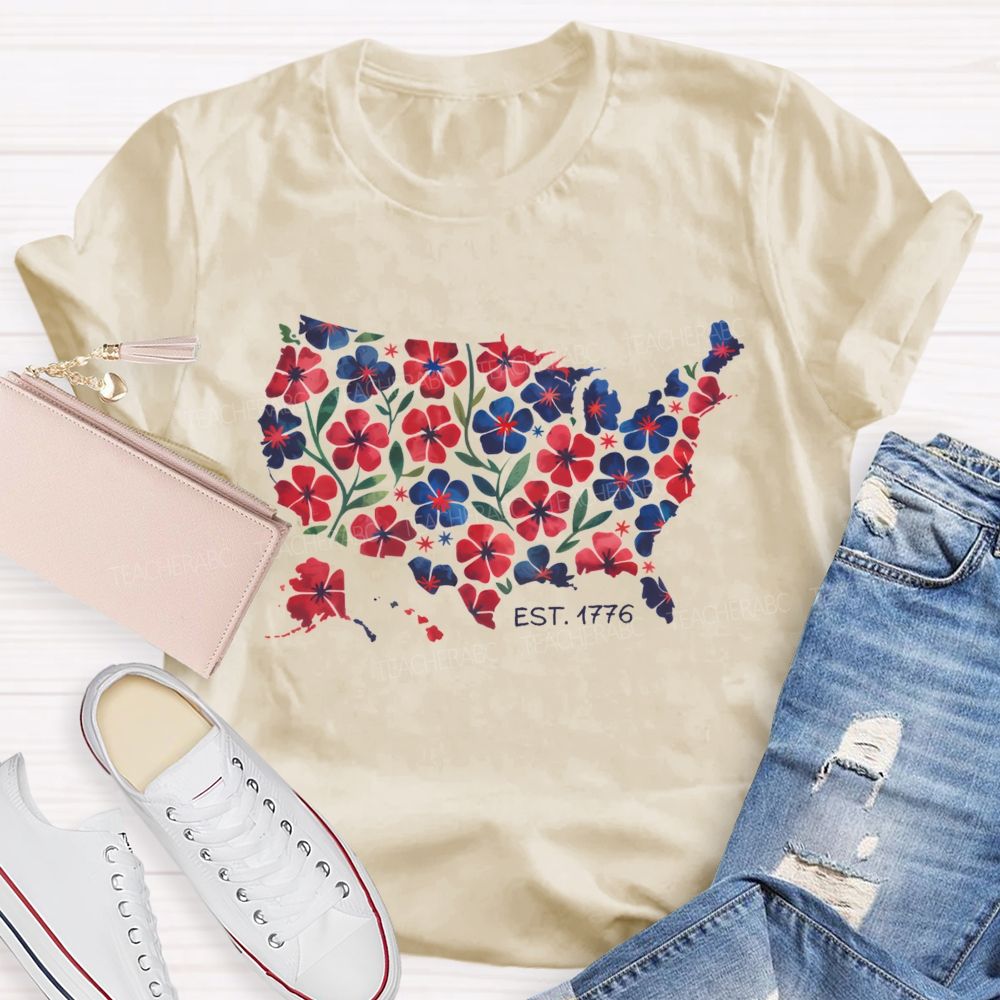 Floral USA Map Est 1776 Teacher T-shirt
