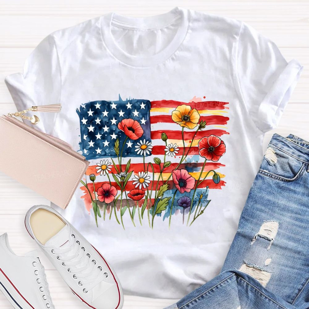 Floral USA Flag 250th Anniversary Teacher T-shirt
