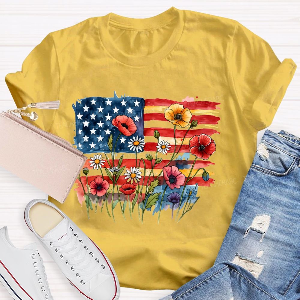 Floral USA Flag 250th Anniversary Teacher T-shirt
