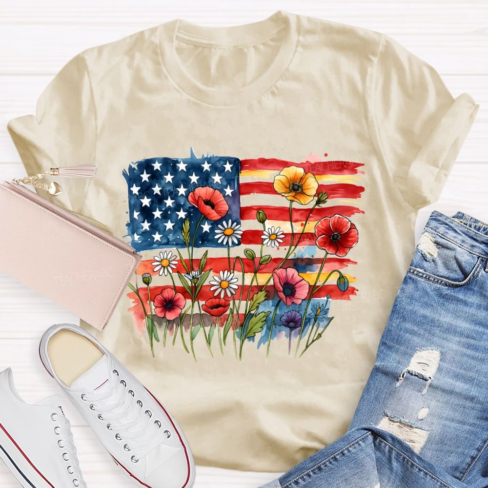 Floral USA Flag 250th Anniversary Teacher T-shirt