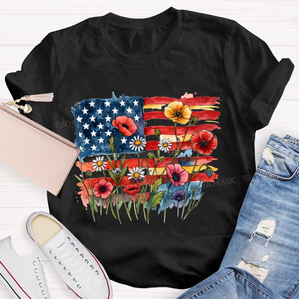 Floral USA Flag 250th Anniversary Teacher T-shirt