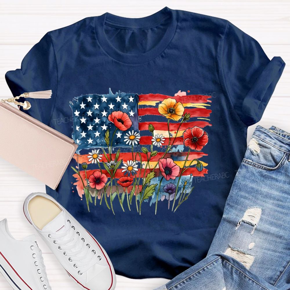 Floral USA Flag 250th Anniversary Teacher T-shirt
