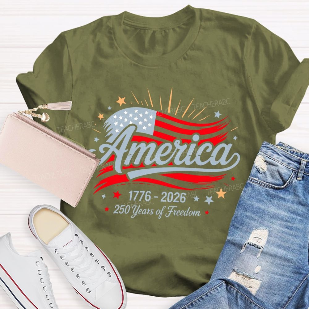 America 250 Years Of Freedom Letters Flags Teacher T-shirt