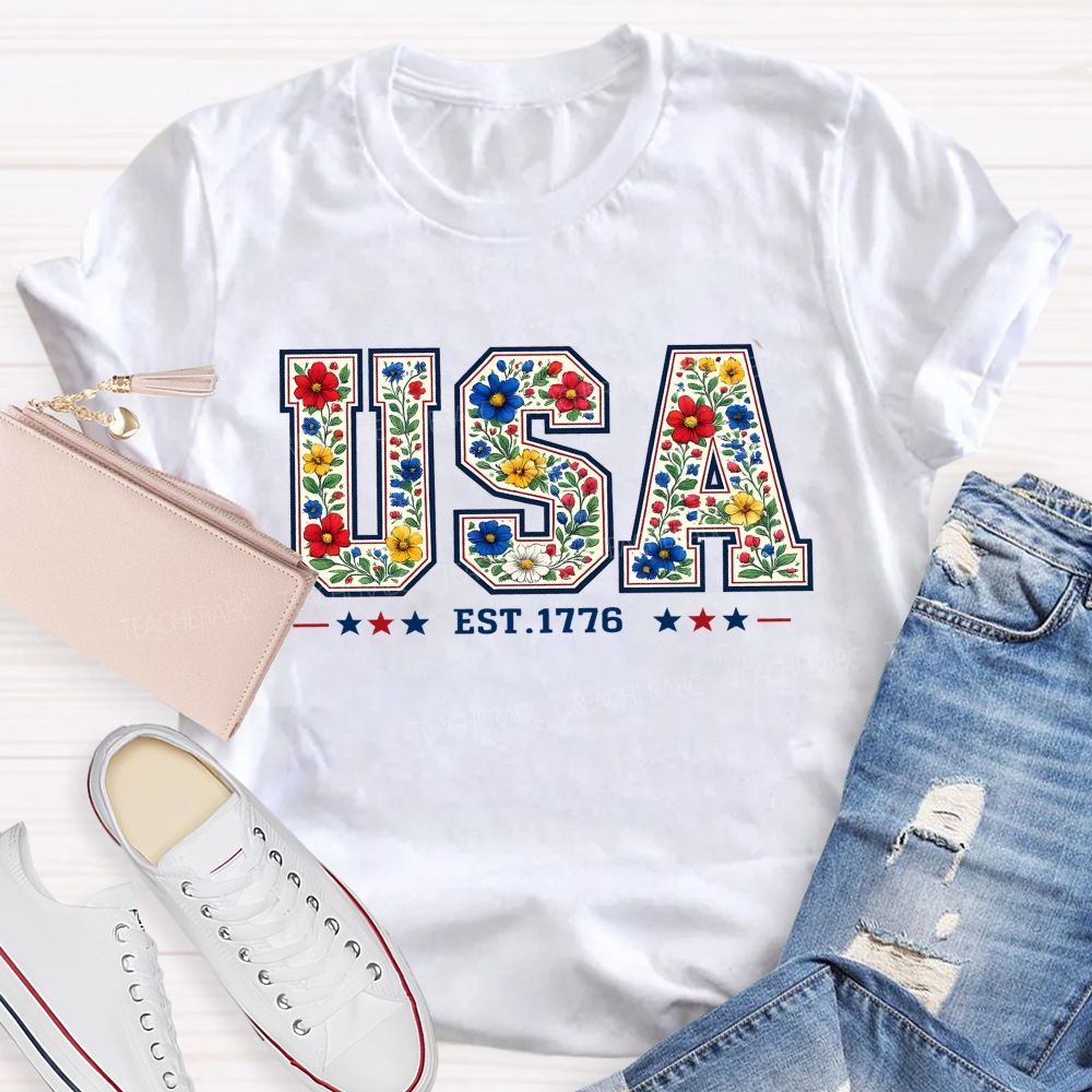 Flowers And Freedom Usa 1776 Teacher T-shirt