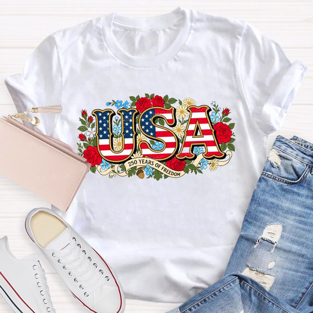 USA 250 Years Of Freedom Floral Red White Blue Teacher T-shirt
