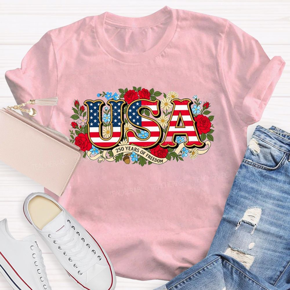 USA 250 Years Of Freedom Floral Red White Blue Teacher T-shirt