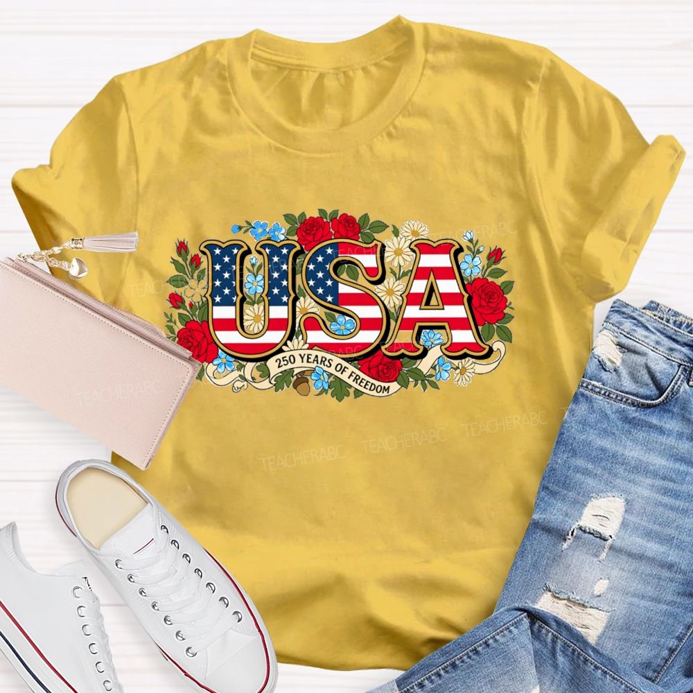 USA 250 Years Of Freedom Floral Red White Blue Teacher T-shirt