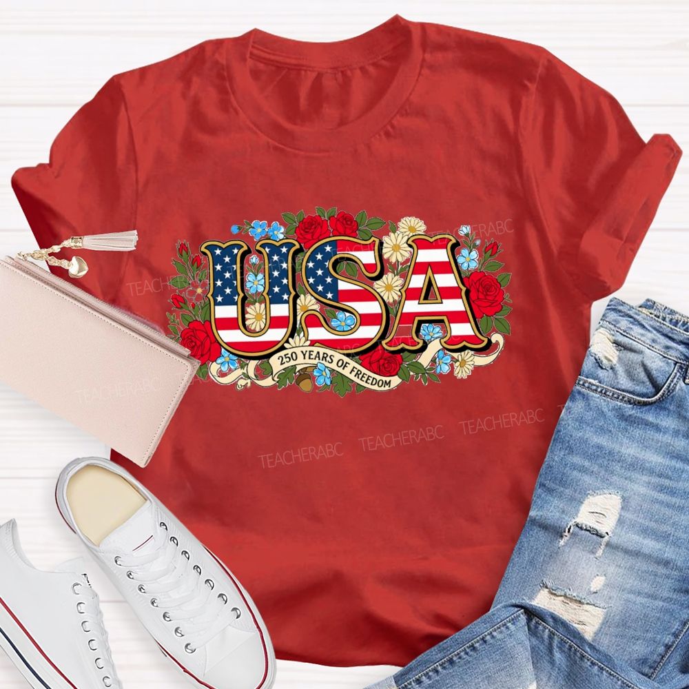USA 250 Years Of Freedom Floral Red White Blue Teacher T-shirt