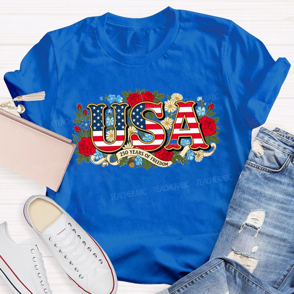 USA 250 Years Of Freedom Floral Red White Blue Teacher T-shirt