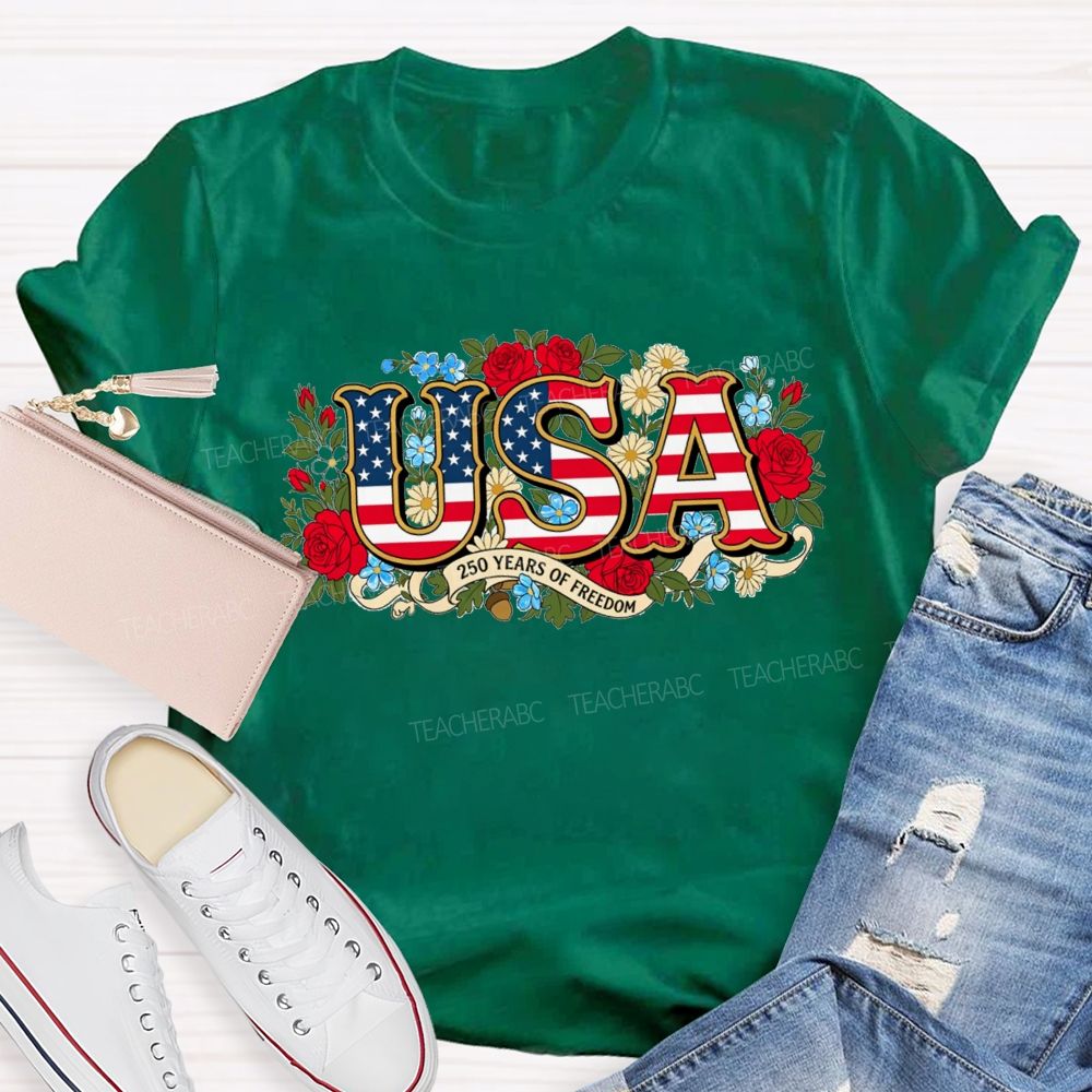 USA 250 Years Of Freedom Floral Red White Blue Teacher T-shirt