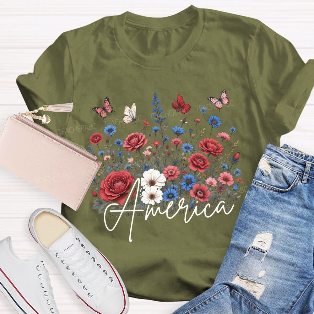 Floral America Forever Beautiful Teacher T-shirt