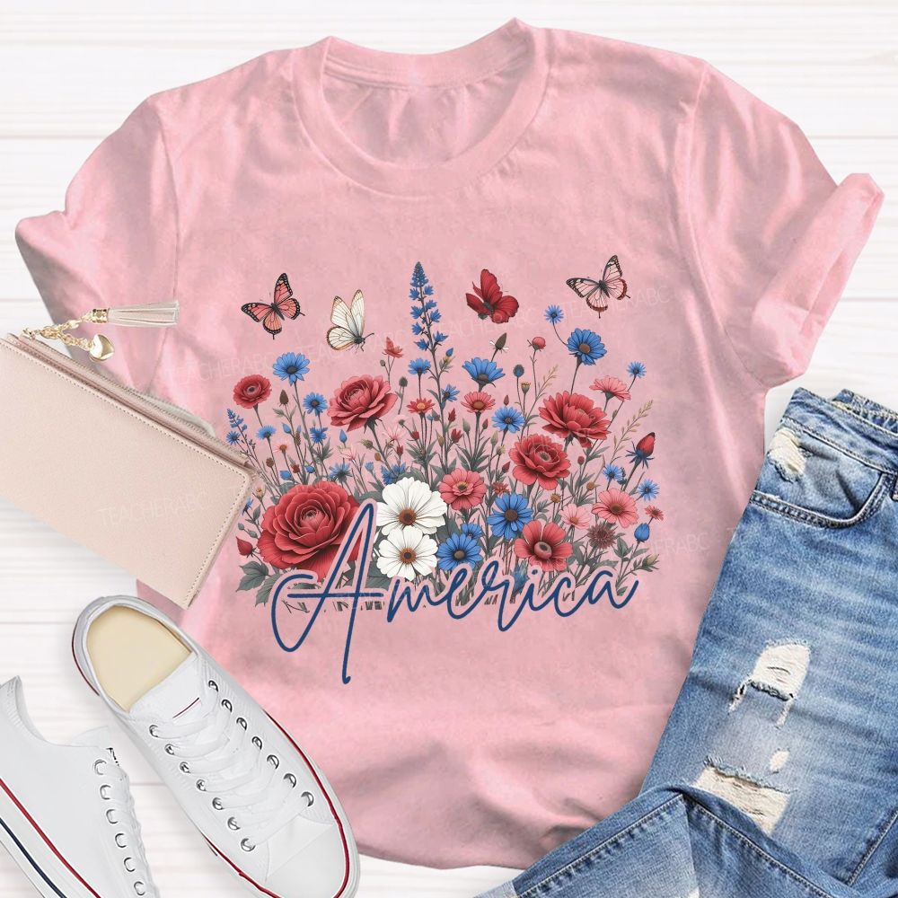 Floral America Forever Beautiful Teacher T-shirt