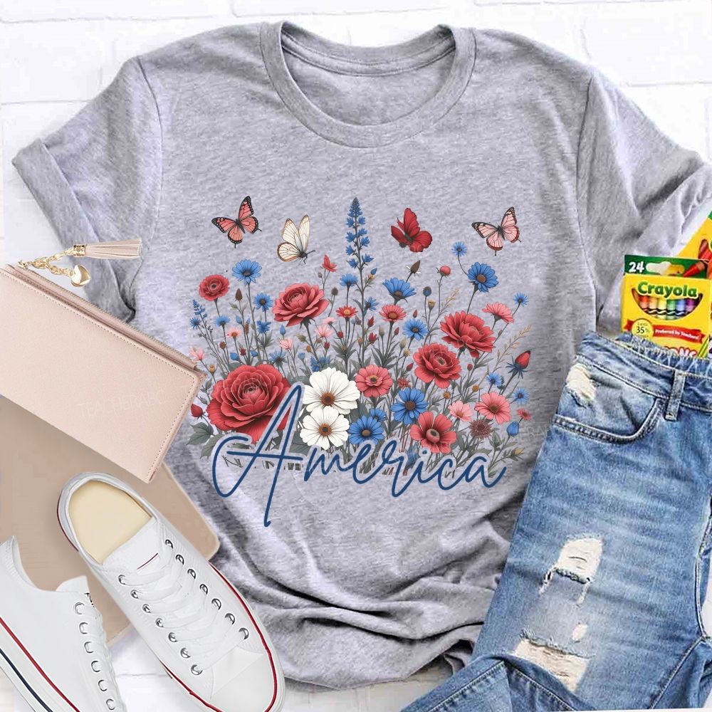 Floral America Forever Beautiful Teacher T-shirt
