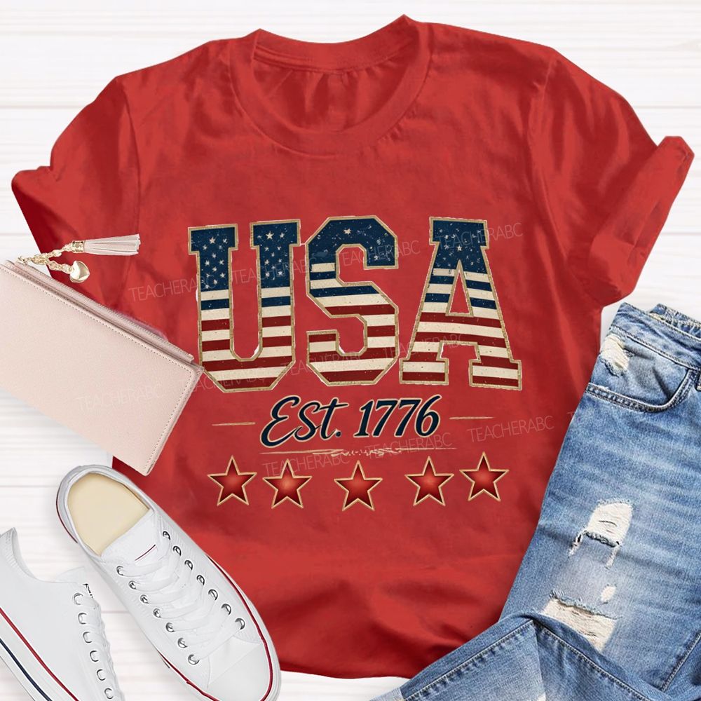 USA Est 1776 Blue Red White Star Teacher T-shirt