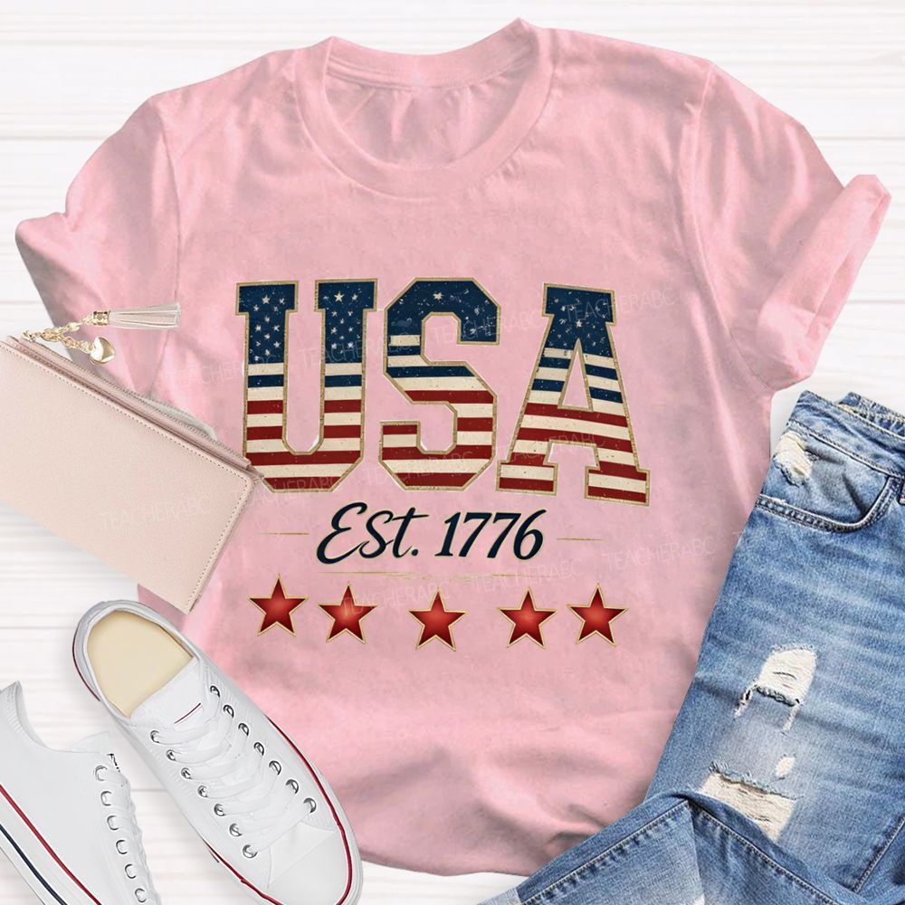 USA Est 1776 Blue Red White Star Teacher T-shirt