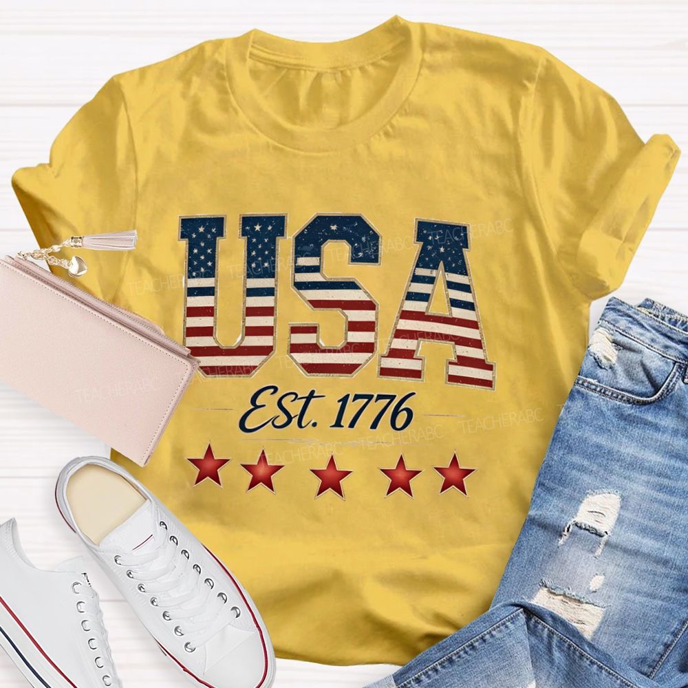 USA Est 1776 Blue Red White Star Teacher T-shirt