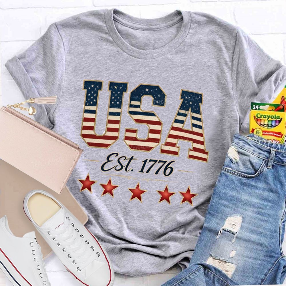 USA Est 1776 Blue Red White Star Teacher T-shirt
