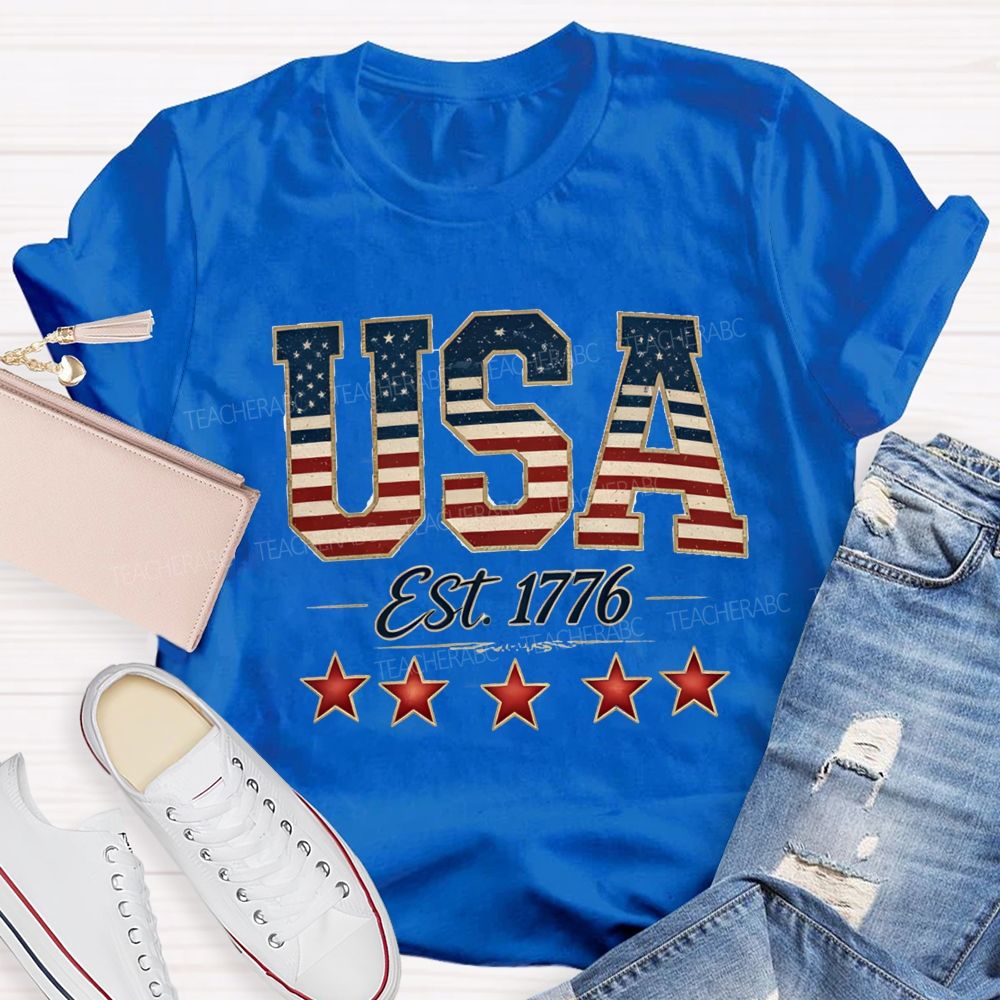 USA Est 1776 Blue Red White Star Teacher T-shirt