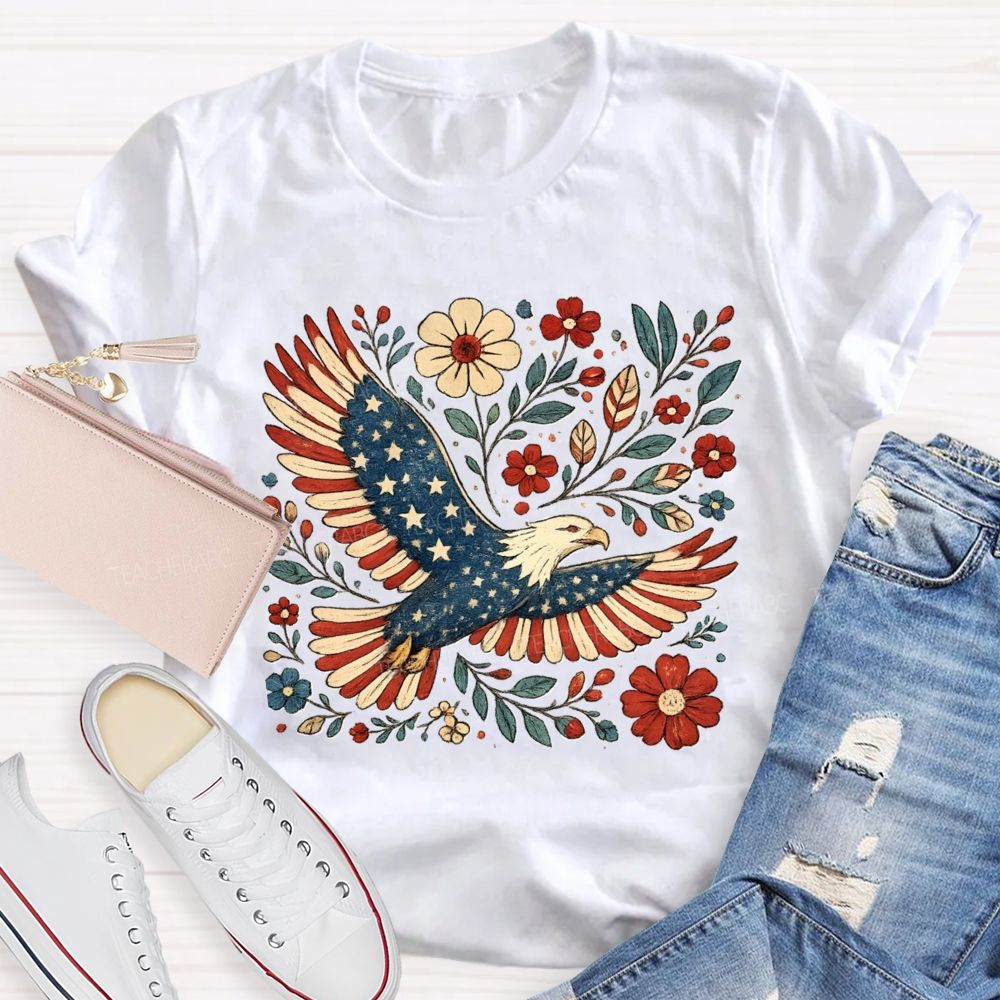 250 Year Anniversary Patriotic Eagle Floral Teacher T-shirt