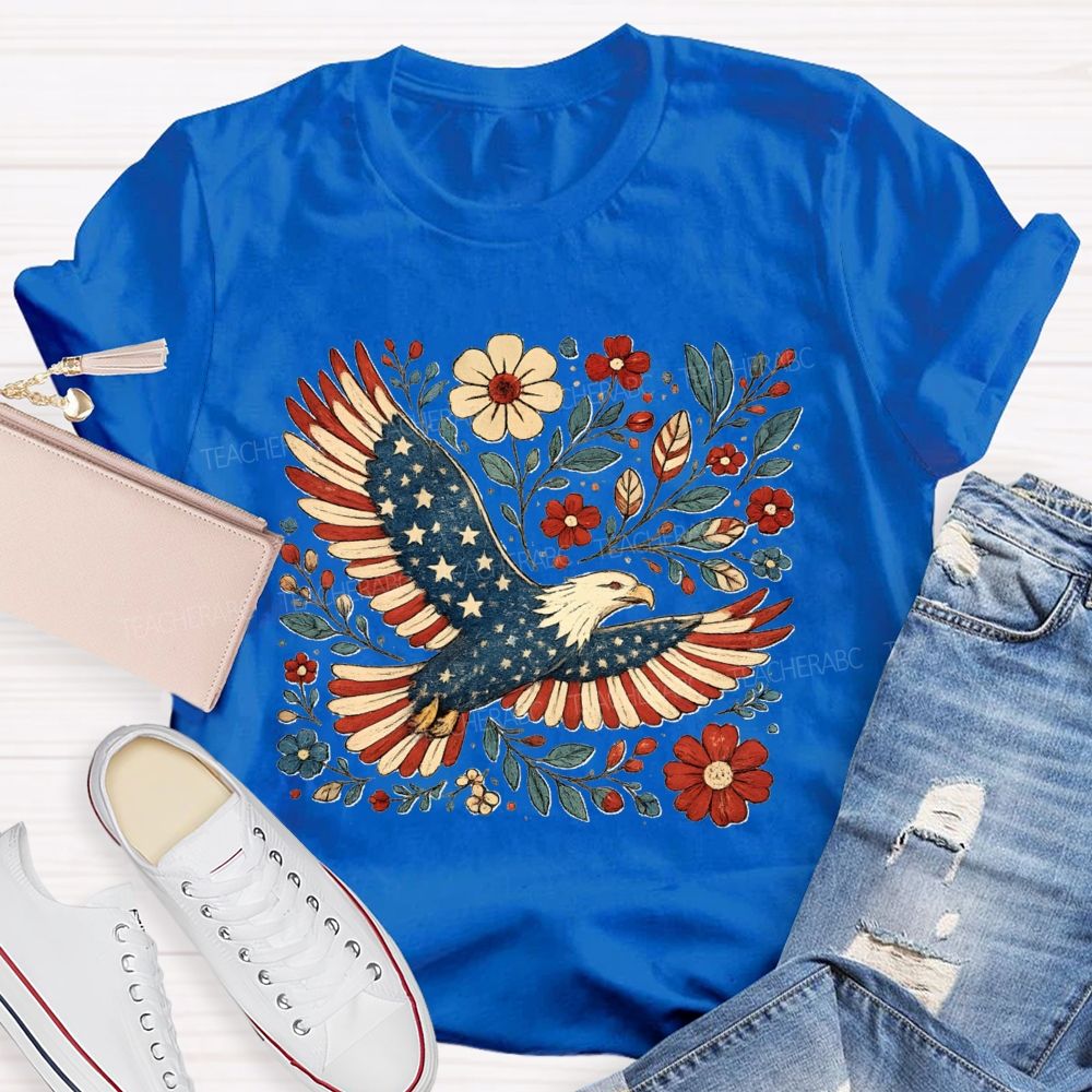 250 Year Anniversary Patriotic Eagle Floral Teacher T-shirt