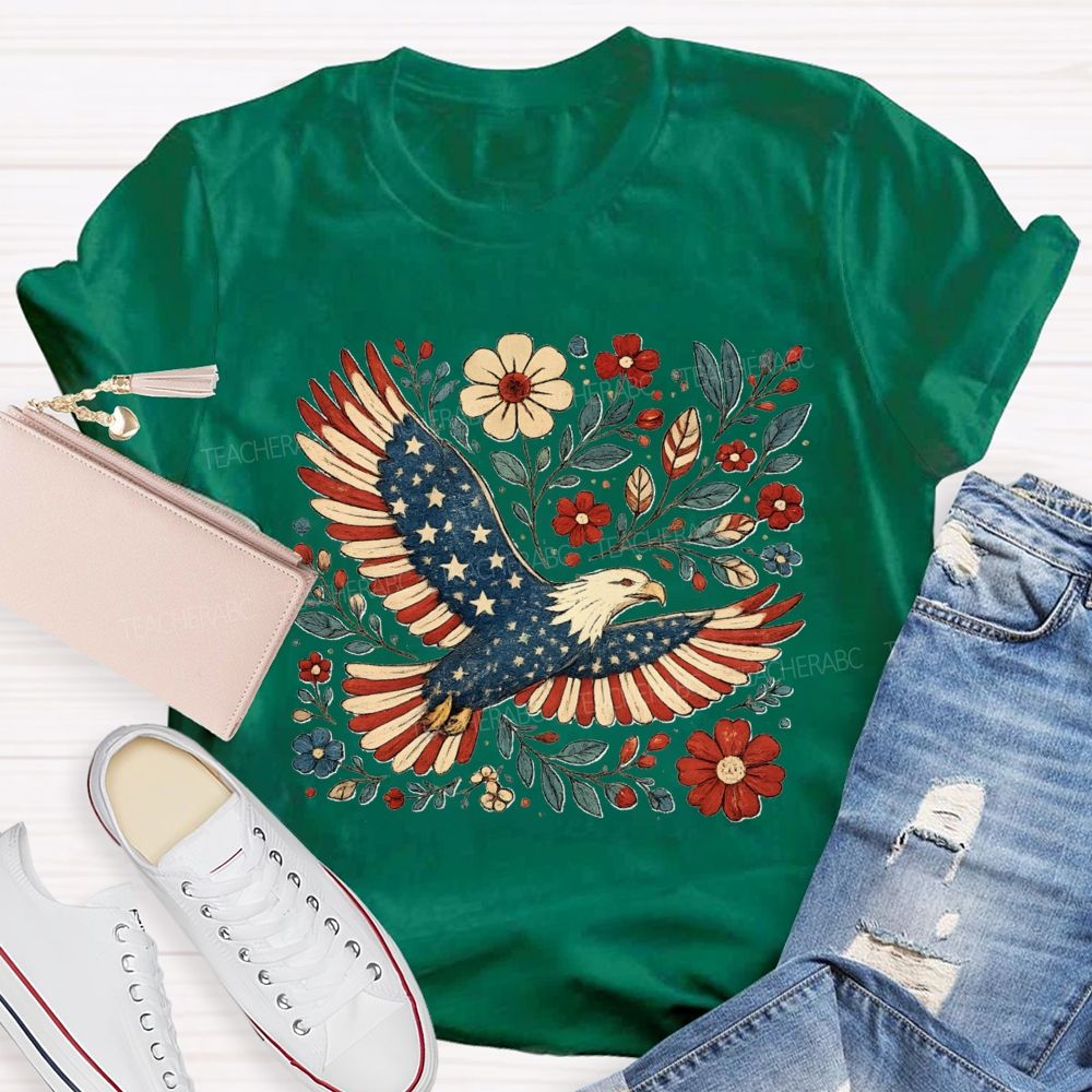 250 Year Anniversary Patriotic Eagle Floral Teacher T-shirt