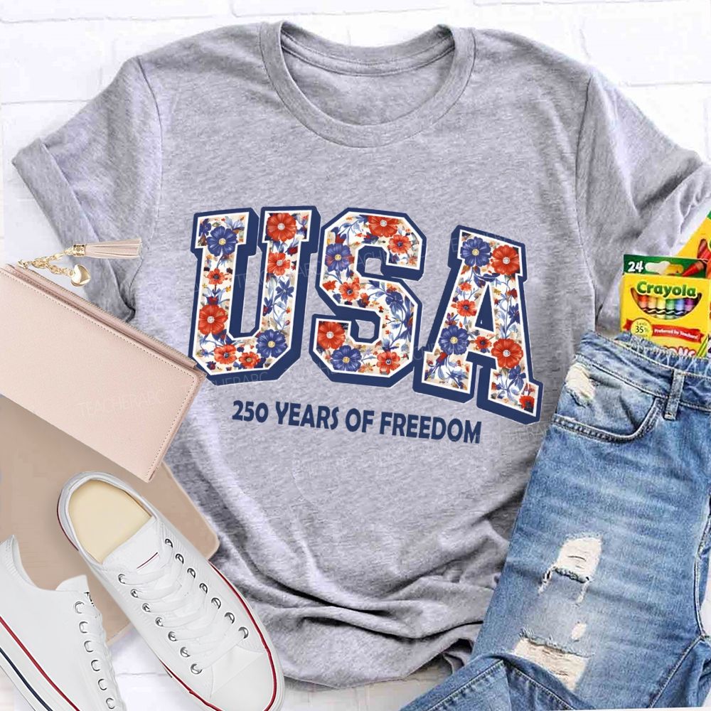 USA 250 Years Of Freedom Floral Letter Teacher T-shirt