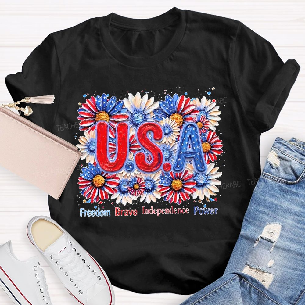Freedom Brave Independence Power Flowers Patterns Teacher T-shirt