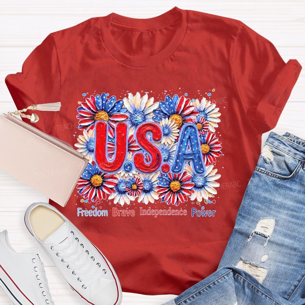 Freedom Brave Independence Power Flowers Patterns Teacher T-shirt