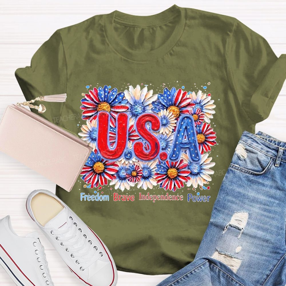 Freedom Brave Independence Power Flowers Patterns Teacher T-shirt