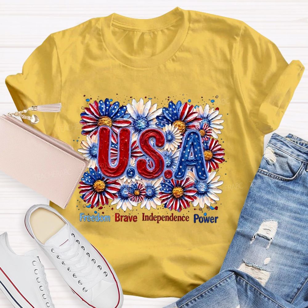 Freedom Brave Independence Power Flowers Patterns Teacher T-shirt