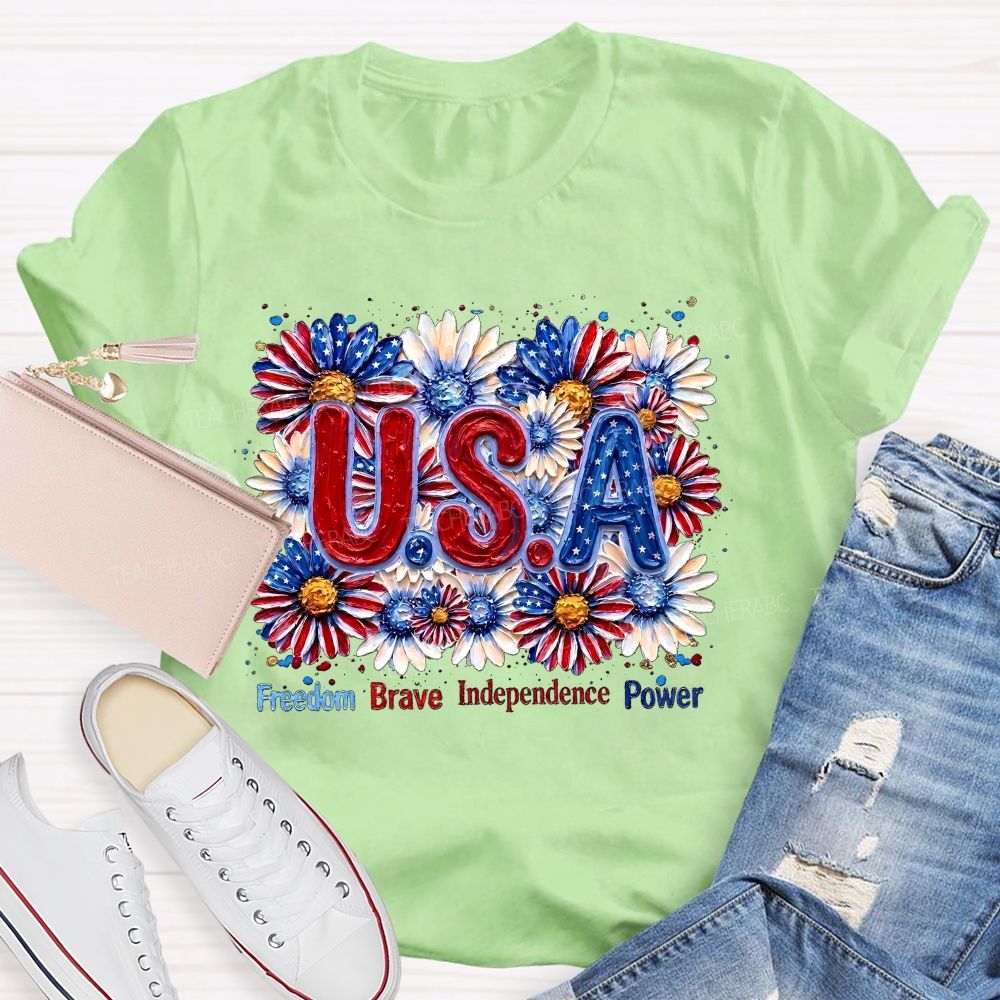 Freedom Brave Independence Power Flowers Patterns Teacher T-shirt