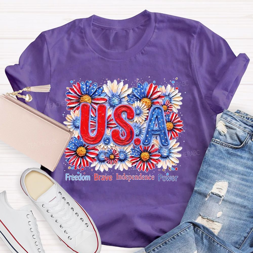 Freedom Brave Independence Power Flowers Patterns Teacher T-shirt
