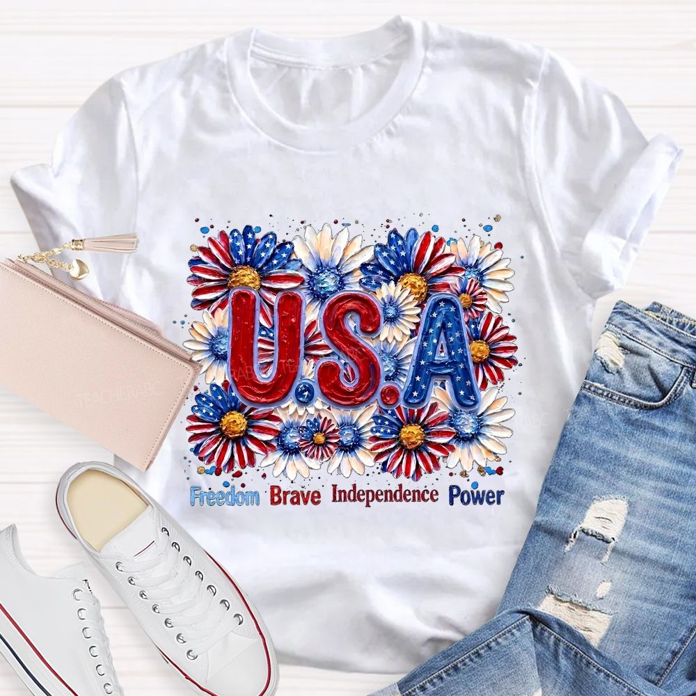 Freedom Brave Independence Power Flowers Patterns Teacher T-shirt