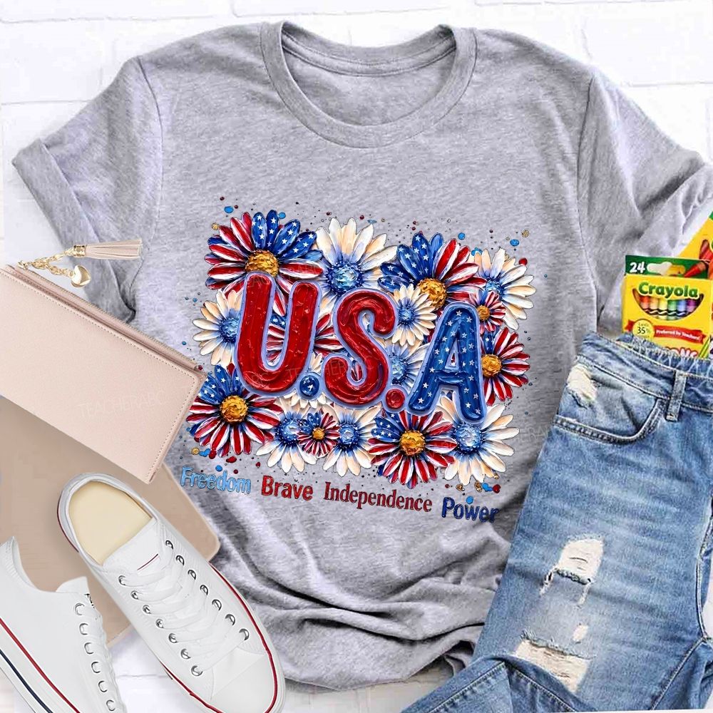 Freedom Brave Independence Power Flowers Patterns Teacher T-shirt