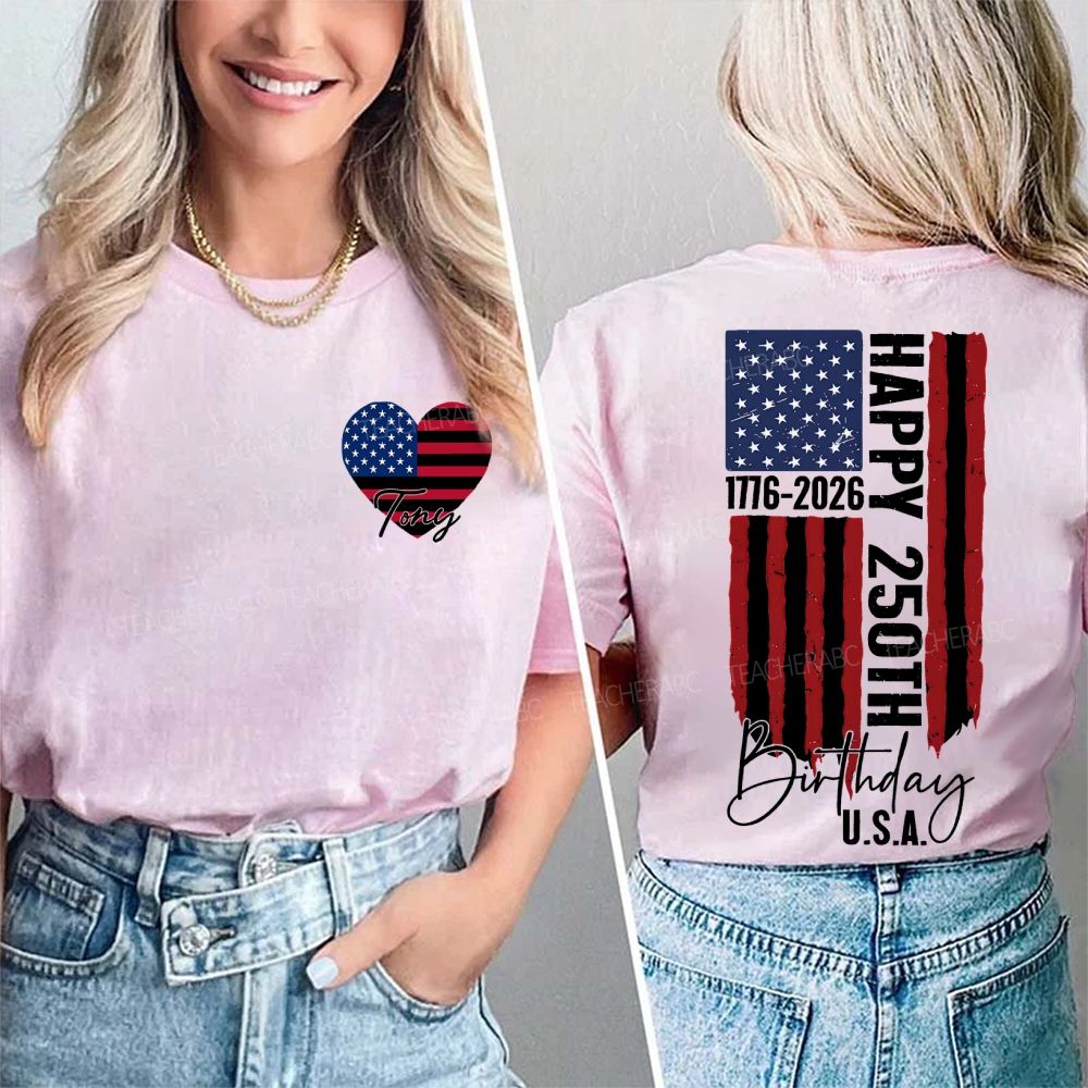 Personalized Name Happy 250th Birthday U.S.A. Double Printed T-shirt