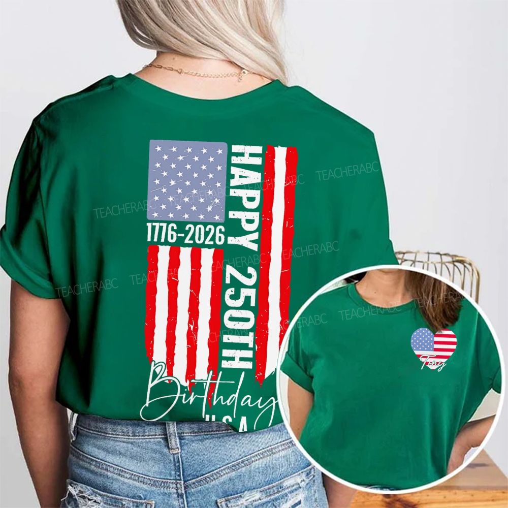 Personalized Name Happy 250th Birthday U.S.A. Double Printed T-shirt