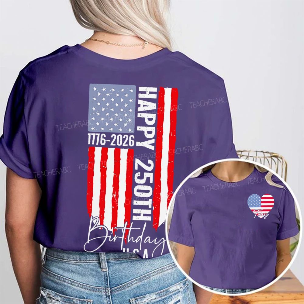Personalized Name Happy 250th Birthday U.S.A. Double Printed T-shirt