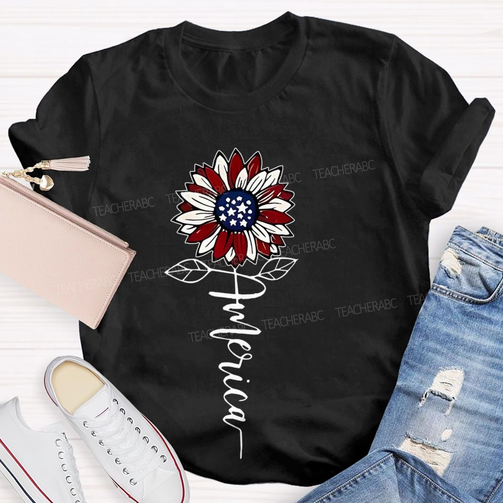 America Sunflower Graphic Teacher T-shirt