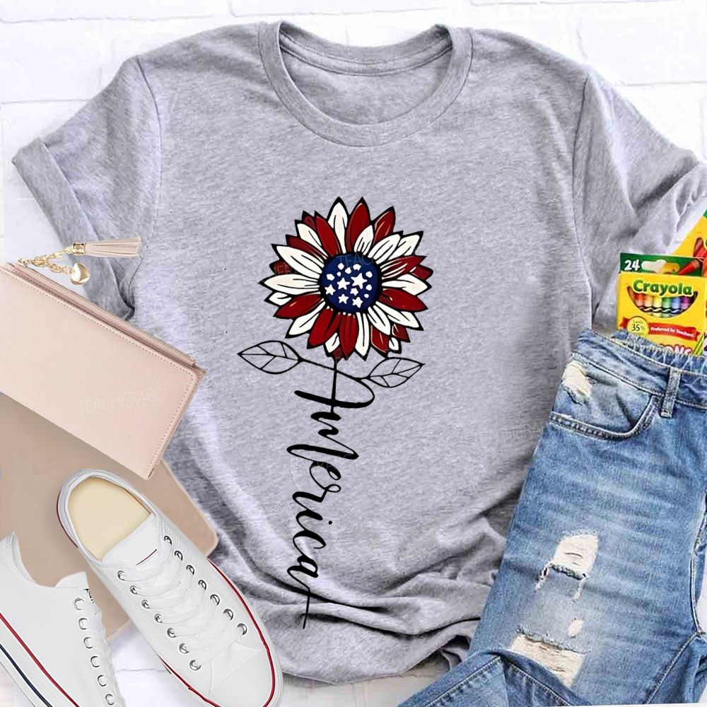 America Sunflower Graphic Teacher T-shirt