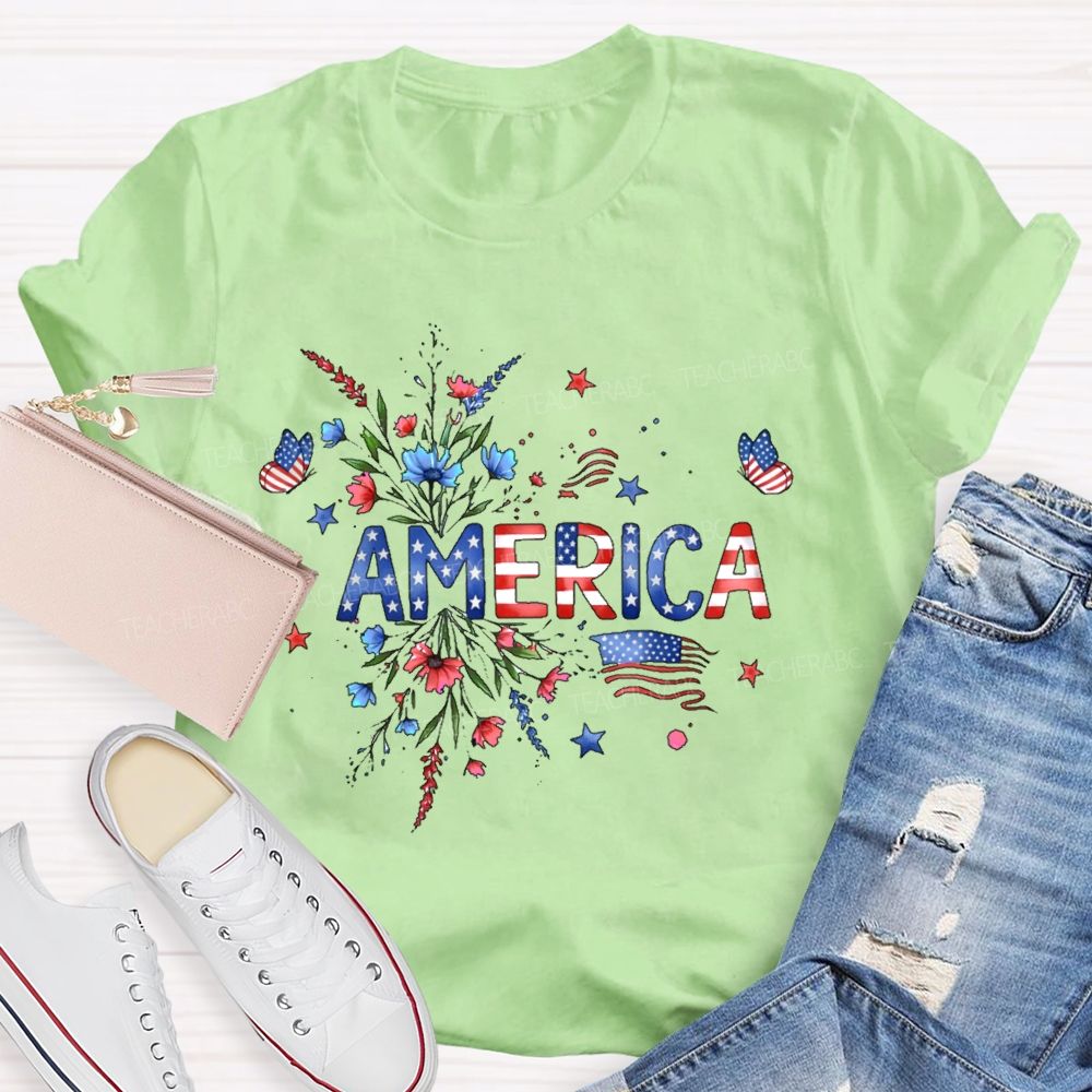 America Stars Flowers Letters Teacher T-shirt