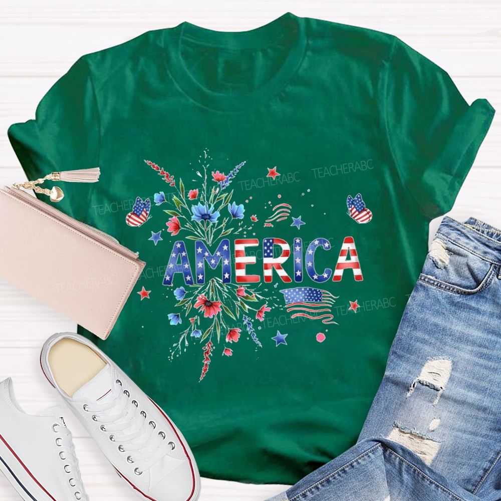 America Stars Flowers Letters Teacher T-shirt
