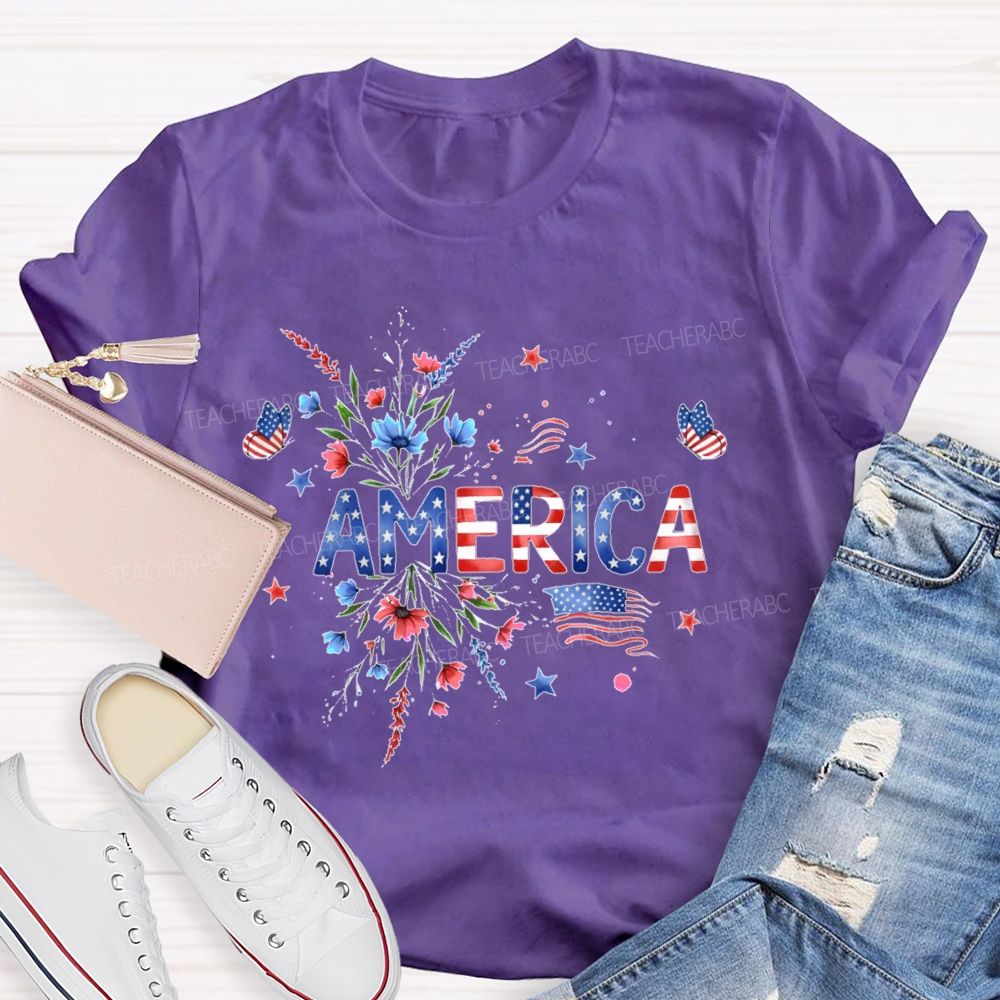 America Stars Flowers Letters Teacher T-shirt
