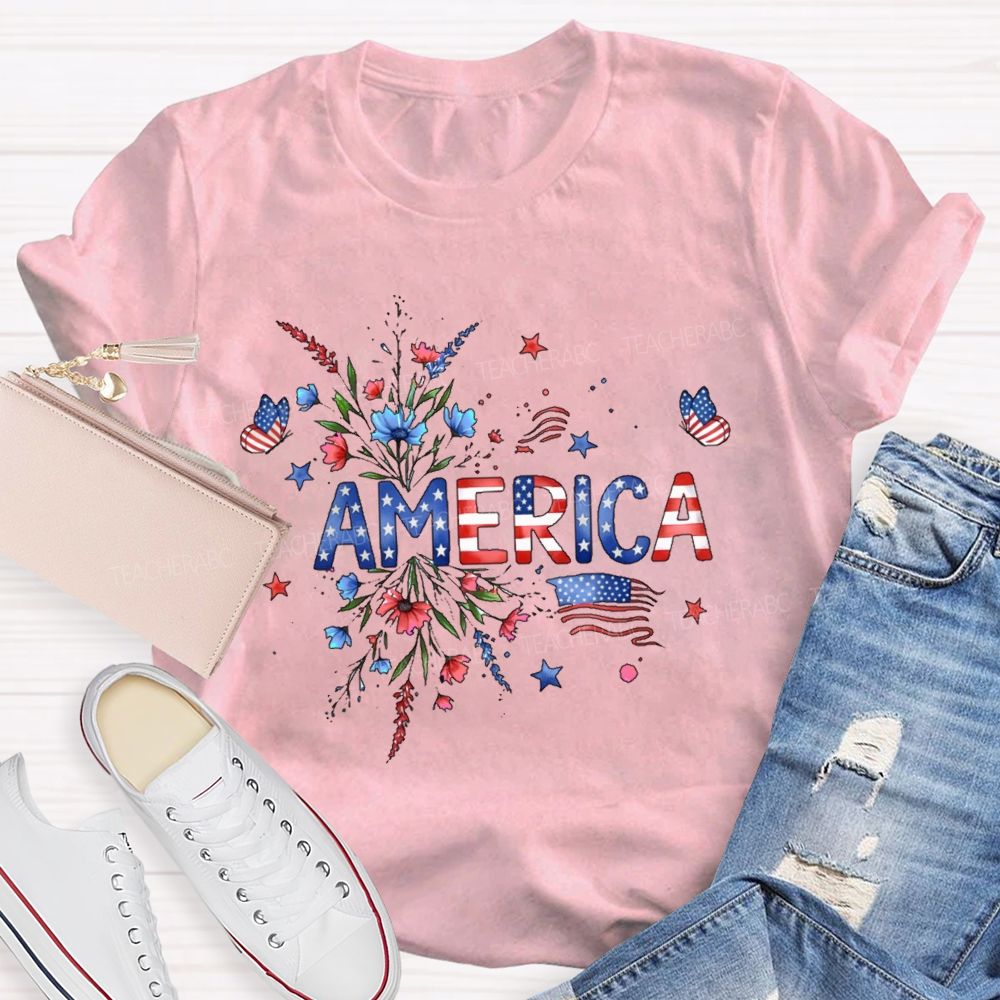 America Stars Flowers Letters Teacher T-shirt